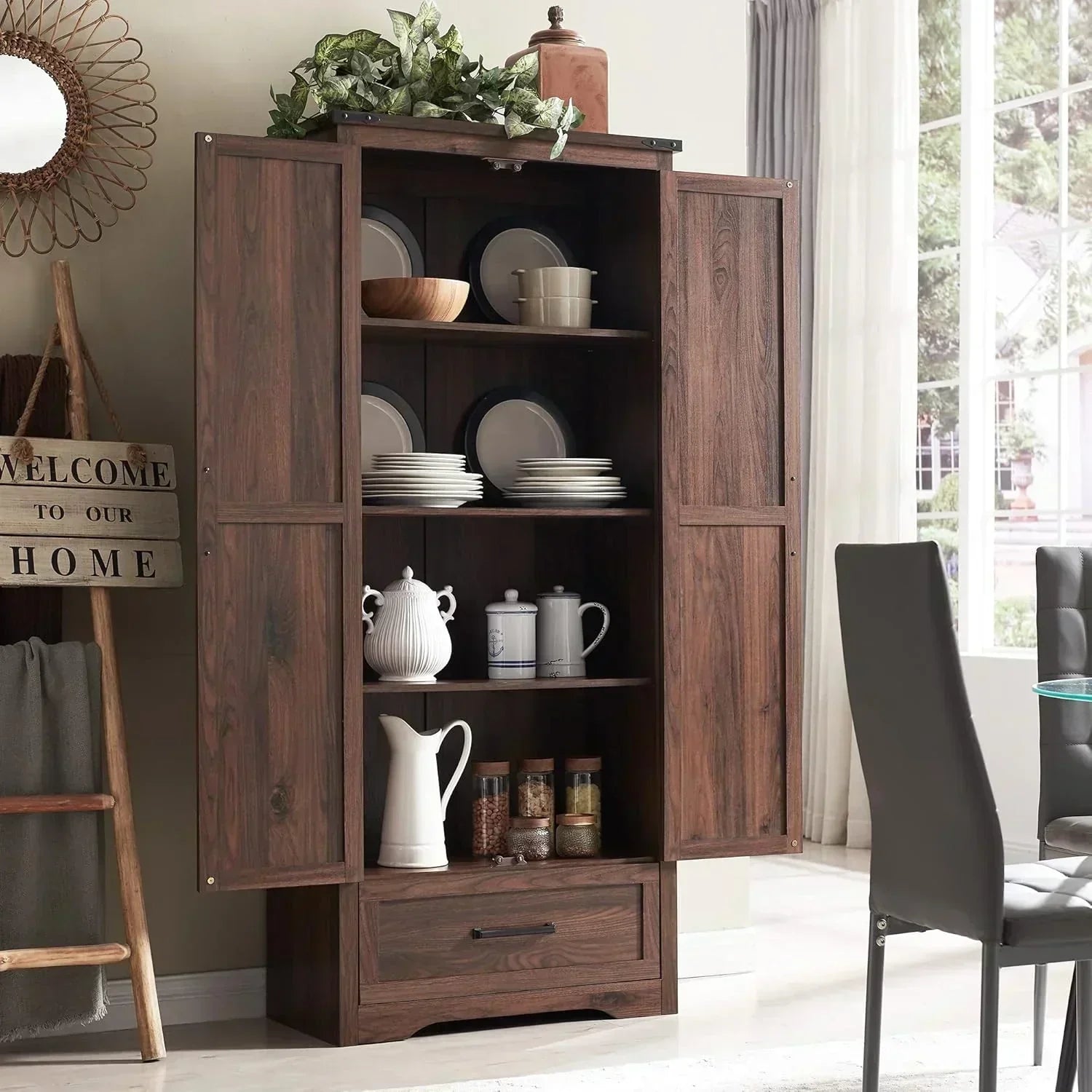 JXQTLINGMU Farmhouse Kitchen Pantry 72" Tall Wood Kitchen Storage Cabinet Adjustable Shelves