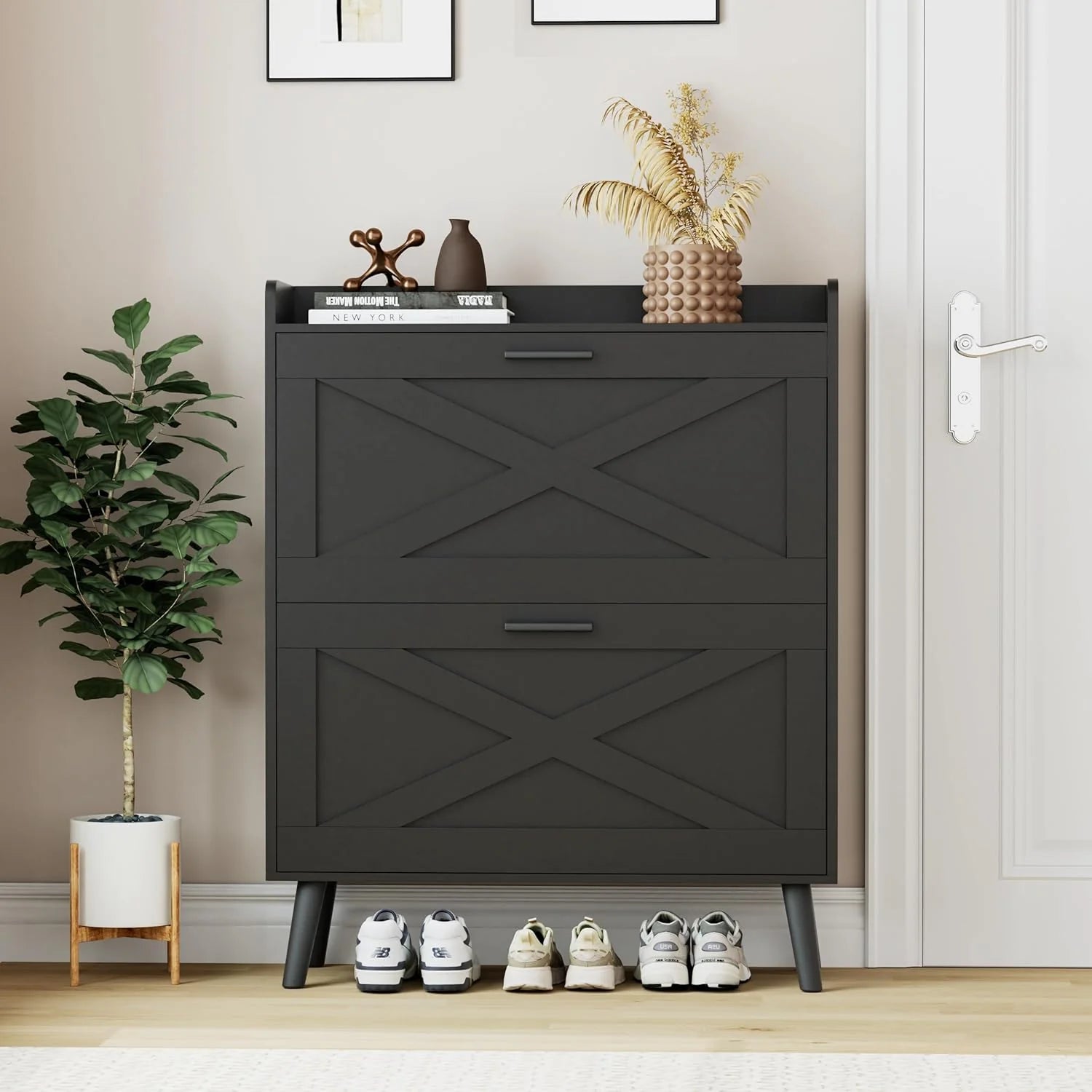 32" wide farmhouse shoe cabinet with 2 flip-top drawers and barn door design, adjustable shelves