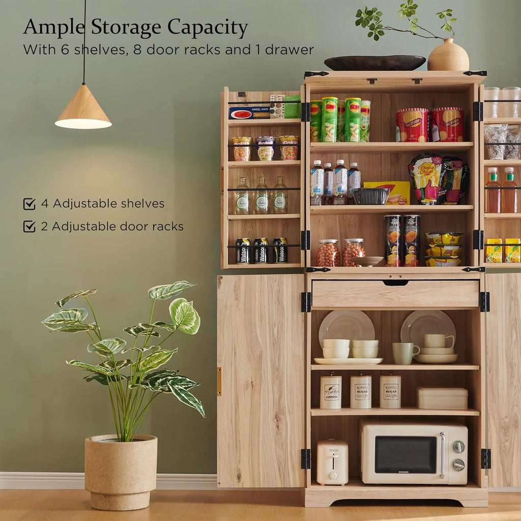 Fluted Pantry Cabinet, 72" Tall Modern Storage Cabinet with 4 Doors, Organizer, Drawer and Adjustable Shelves, Wood Cupboard