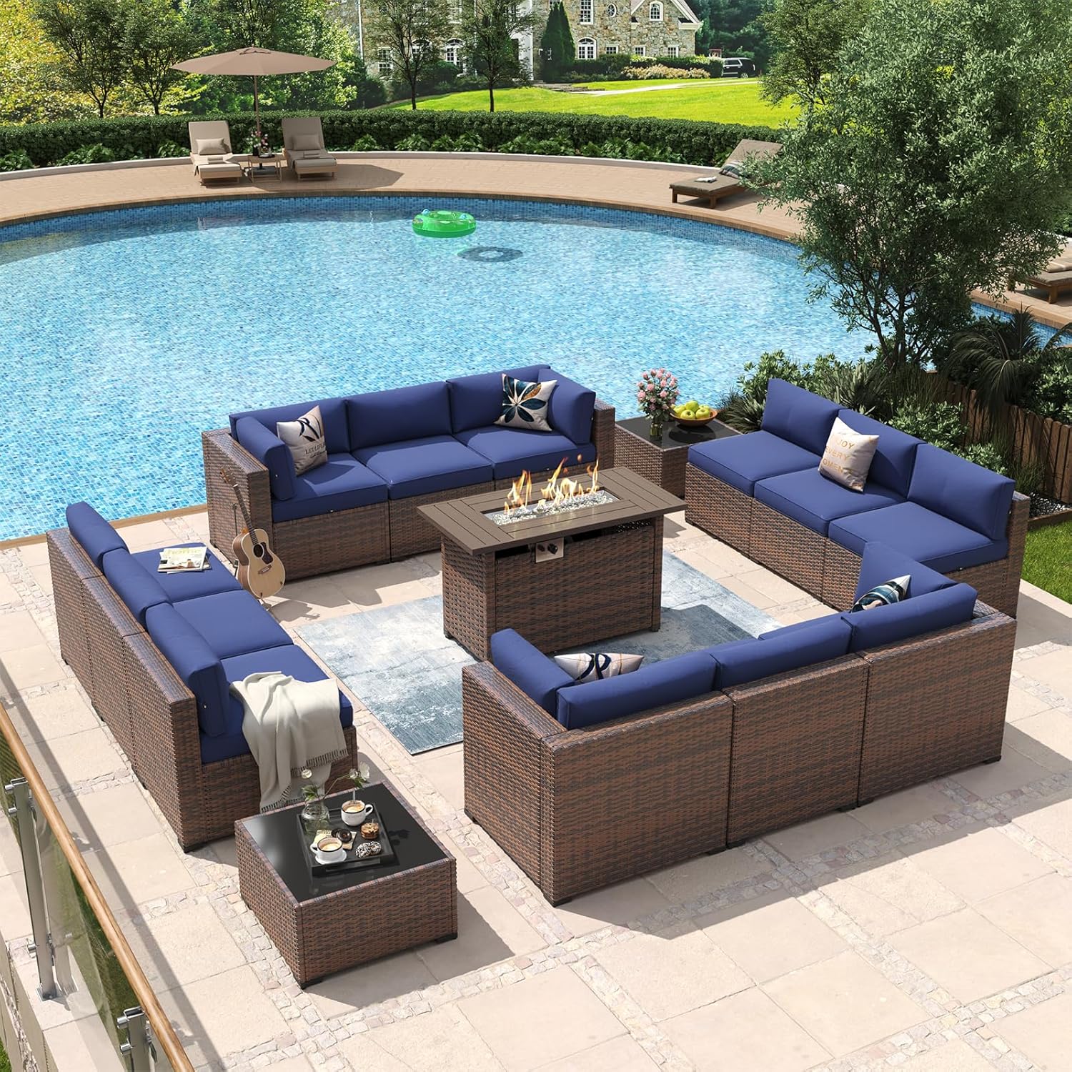 Aoxun 8 Piece Patio Furniture Set with 44?Fire Pit Table Wicker Rattan Outdoor Sectional Sofa Set with Coffee Table and Thickened Cushions, Beige (Waterproof Cover Included)