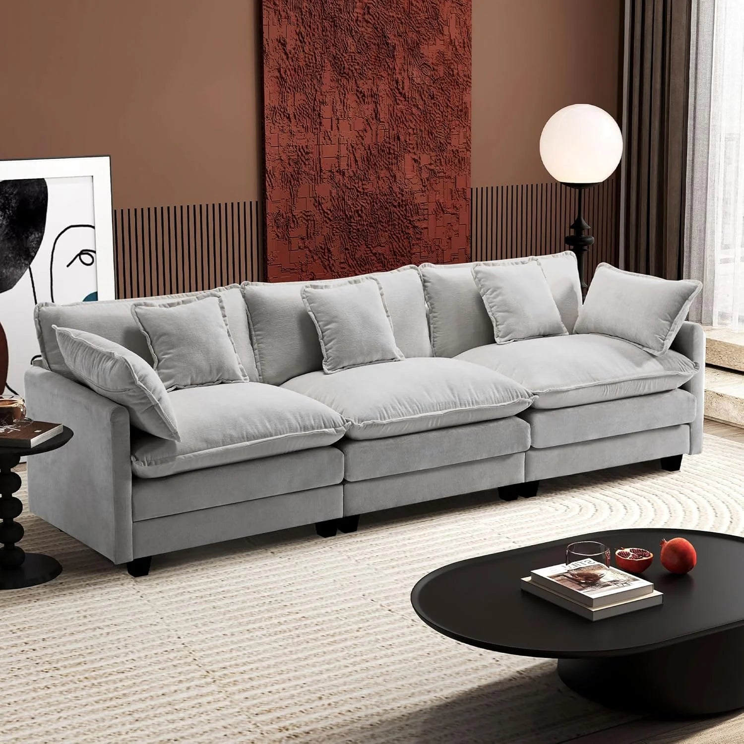 Ihanherry 146" U-Shaped Modern Sofa Modular Sectional Cloud Couch with 2 Ottoman, 6-Seat Chenille Deep Seat Sofa with 6 Pillows for Living Room, Bedroom and Apartment, Grey