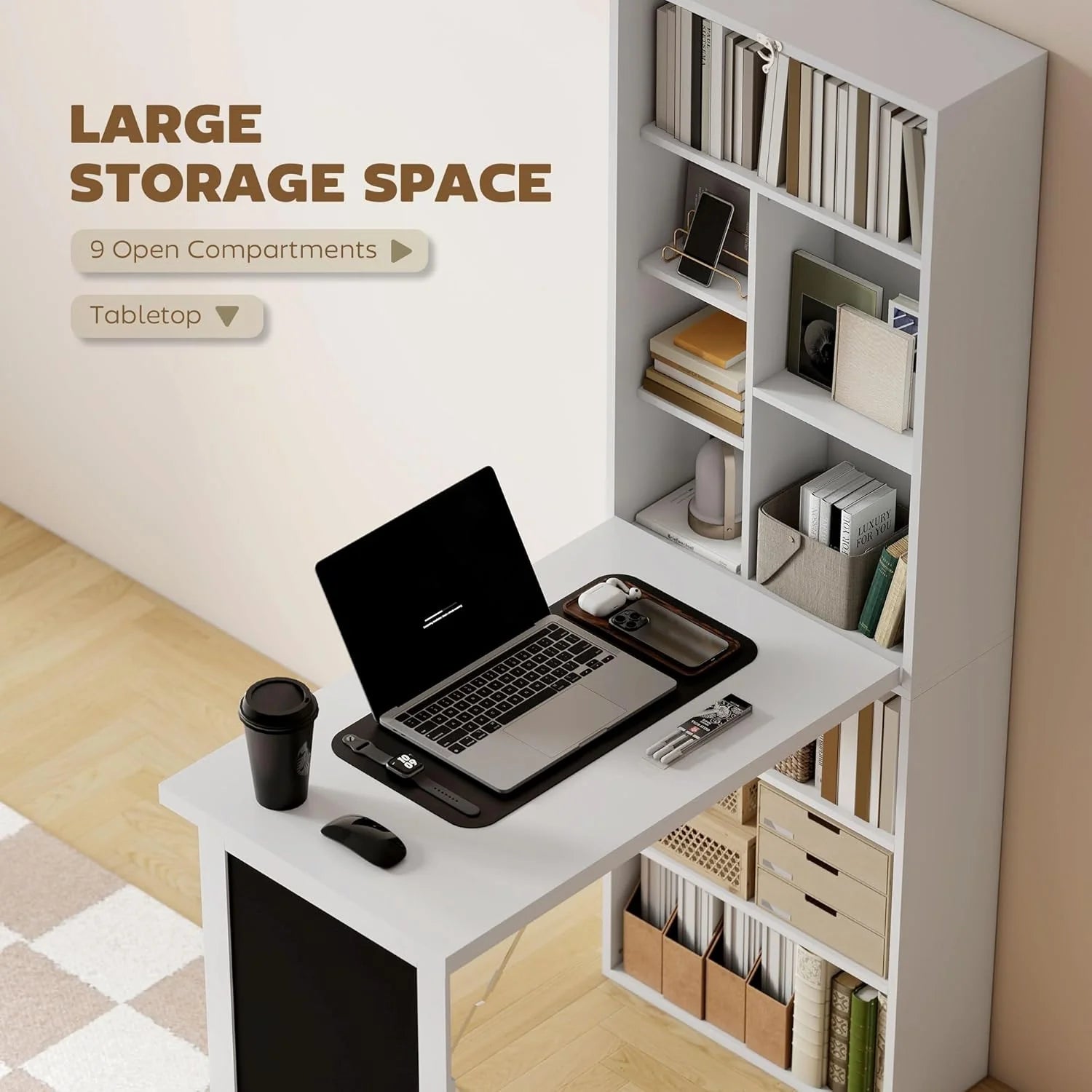 Folding convertible writing desk, wall mounted desk cabinet, multifunctional home office workstation