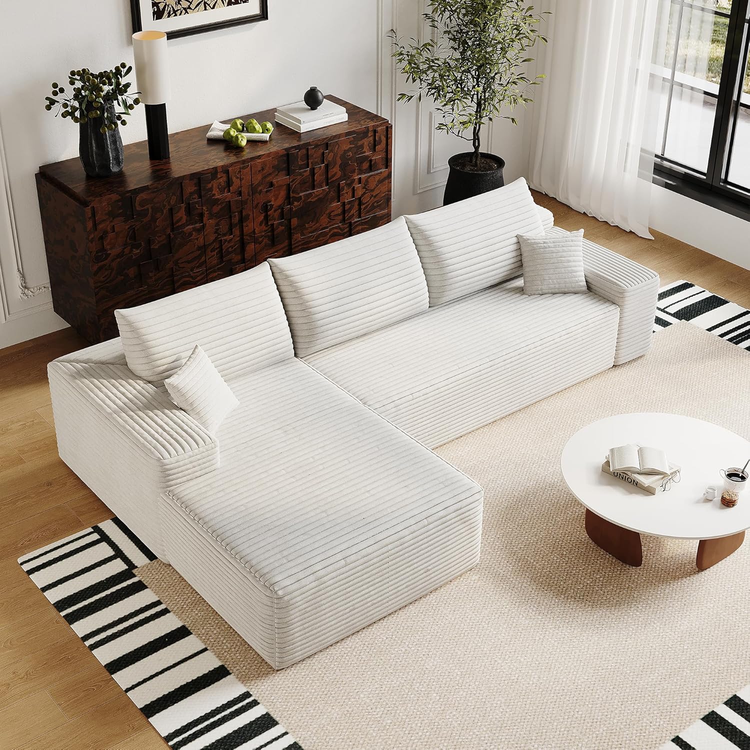 135" Oversized Compressed Sectional Sofa - 33D High-Density Foam Cloud Couch with Deep Seat - Minimalist 3-Piece Corduroy Upholstered Boneless Modular Lounge Couch | Breathable material, Full Foam, Anti-slip