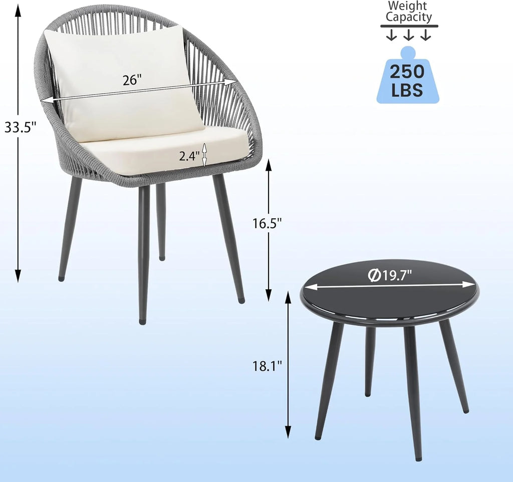 3 Piece Bistro Set, Woven Rope Chair with Cushions, All Weather Patio Conversation Set with Side Table, Ideal for Deck, Balcony, Poolside, Black